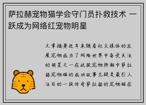 萨拉赫宠物猫学会守门员扑救技术 一跃成为网络红宠物明星