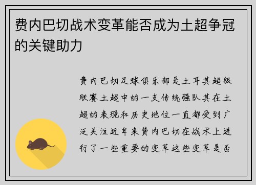 费内巴切战术变革能否成为土超争冠的关键助力