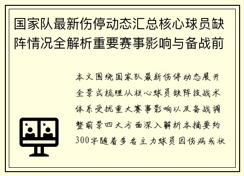 国家队最新伤停动态汇总核心球员缺阵情况全解析重要赛事影响与备战前景 国家队最新伤停动态汇总核心球员缺阵情况全解析重要赛事影响与备战前景